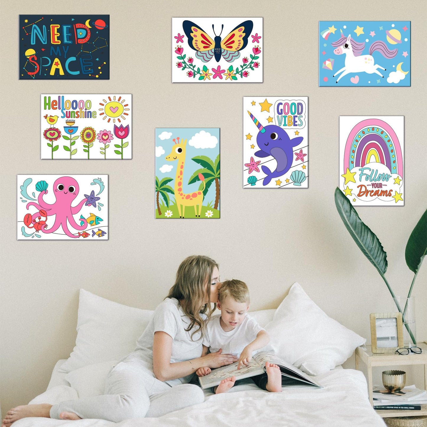 goldentime 8 Packs 5x7 Pre Drawn Canvas Set,Paint by Numbers for Kids,48 Paints 8 Brushes 2 Easels,Pre-Printed Acrylic Oil Painting Kit Ages 8-12 9-12 4-8