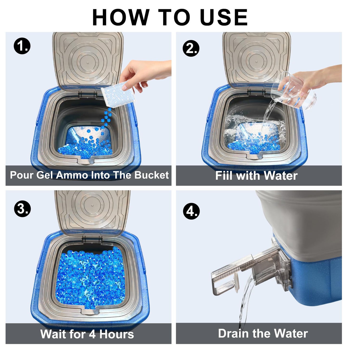 Collapsible Gel Ball Blaster Ammo Bucket, Portable Splatter Blaster Accessories, Splat Gel Gun Refill Container with Strainer, Large Capacity Water Beads Storage Tub Up to 10,000 Balls, for Ages 14+