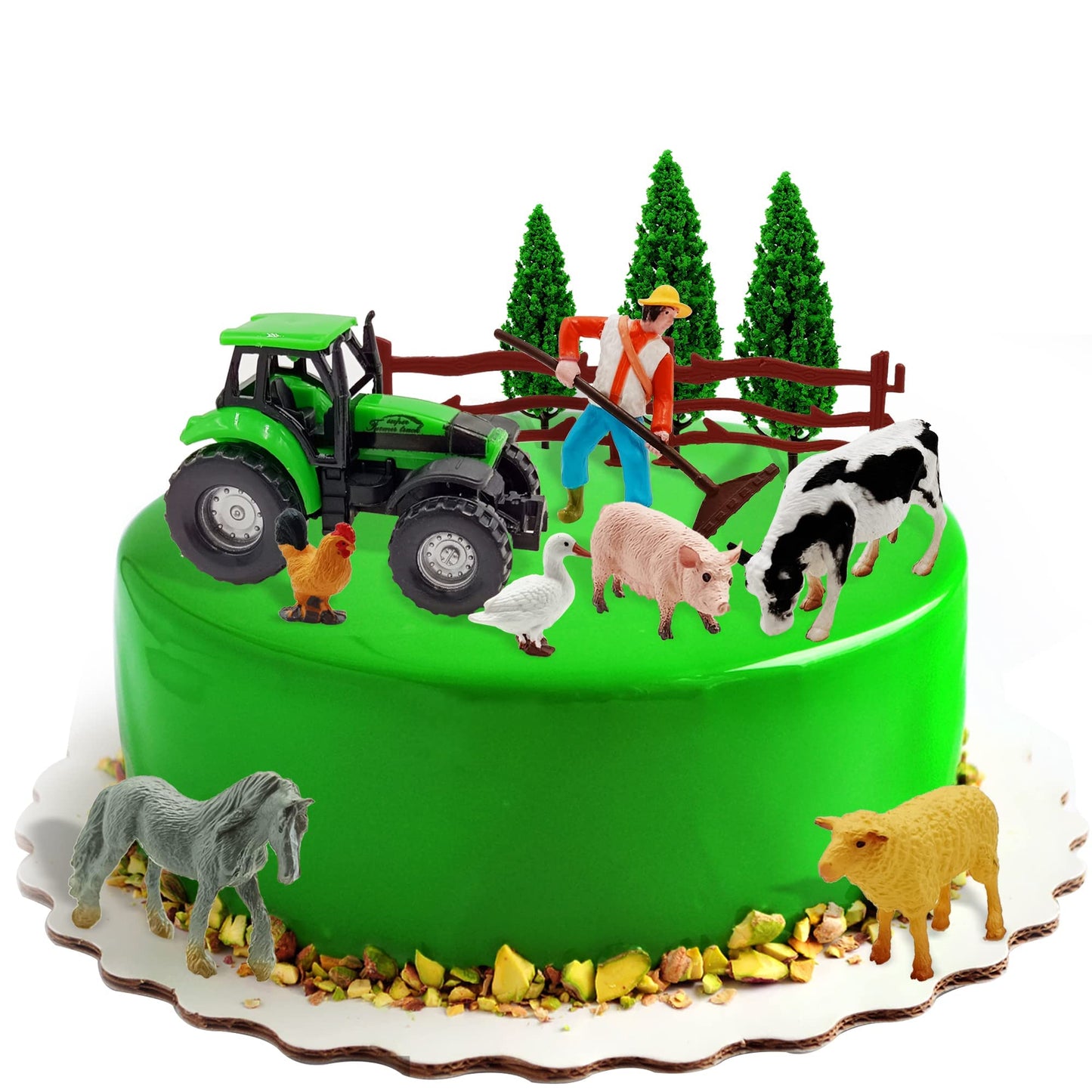 26 PCS Mini Farm Animal Tractor Cake Topper Set with Tree Farmer Fences Cow Pig Sheep Figures Tractor farmer Cake Topper for Boy Girl Birthday Party Decorations