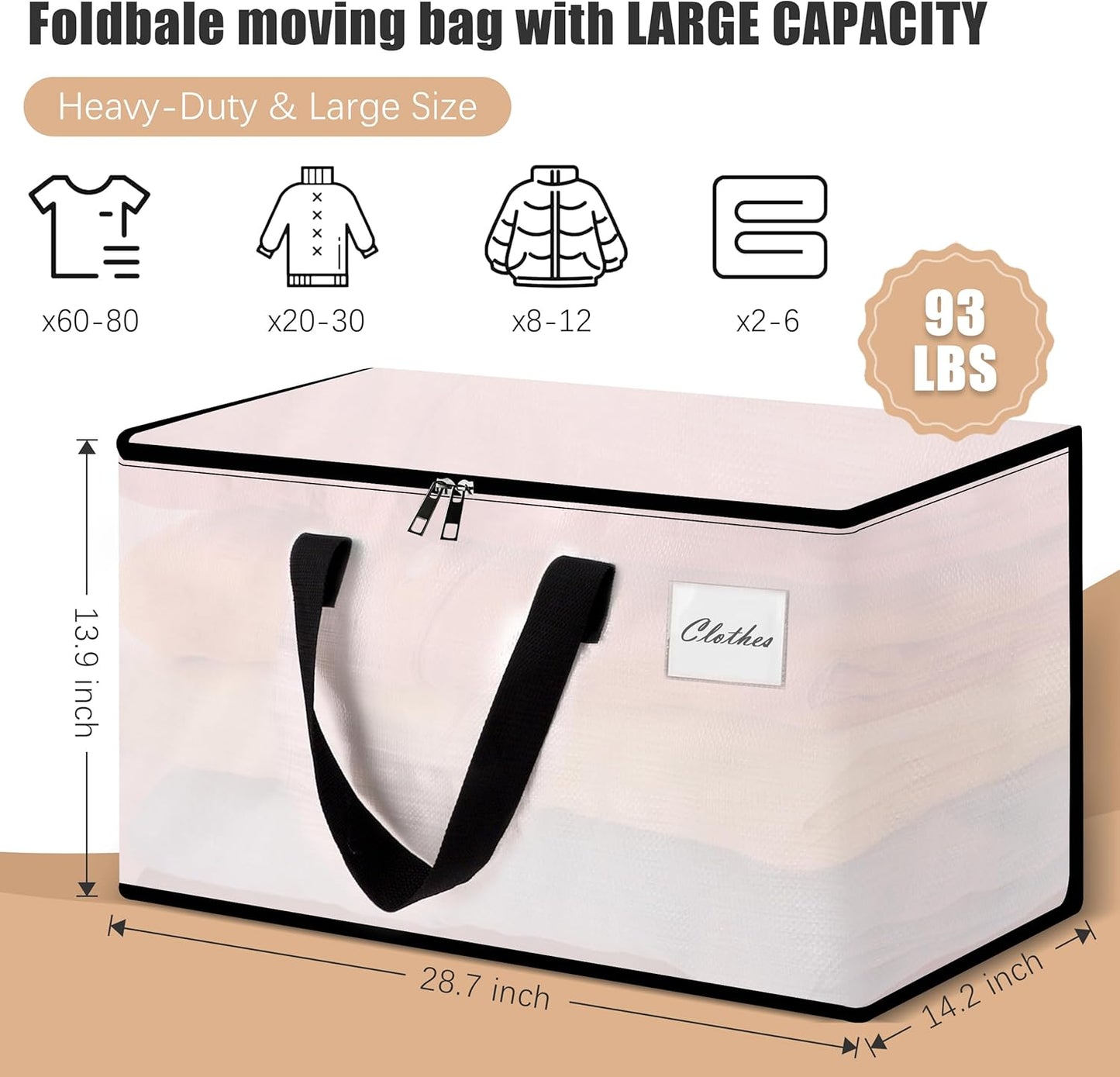 Heavy Duty Moving Bags - Extra Large Packing Bags and Storage Totes, Collapsible and Foldable Option for Moving and Storage, Clear, 93 L - 12 Pack
