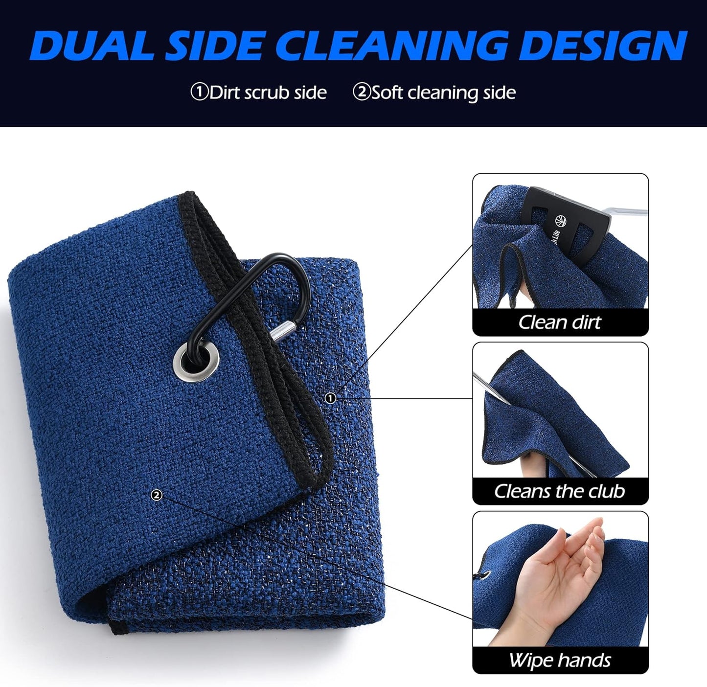 Mile High Life Tri-Fold Golf Towel, 2-in-1 Club & Ball Cleaner, Scratch-Free Scrubbing Side + Ultra-Soft Microfiber, Heavy-Duty Clip, Quick-Dry