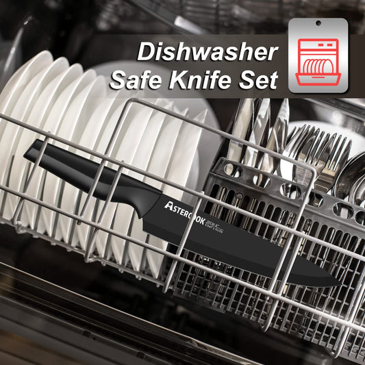 Knife Set, Astercook 21 Pieces Knife Sets for Kitchen with Block, Dishwasher Safe Kitchen Knife Set with Built-in Sharpener, German Stainless Steel Black Knife Block Set Mothers Day Gifts