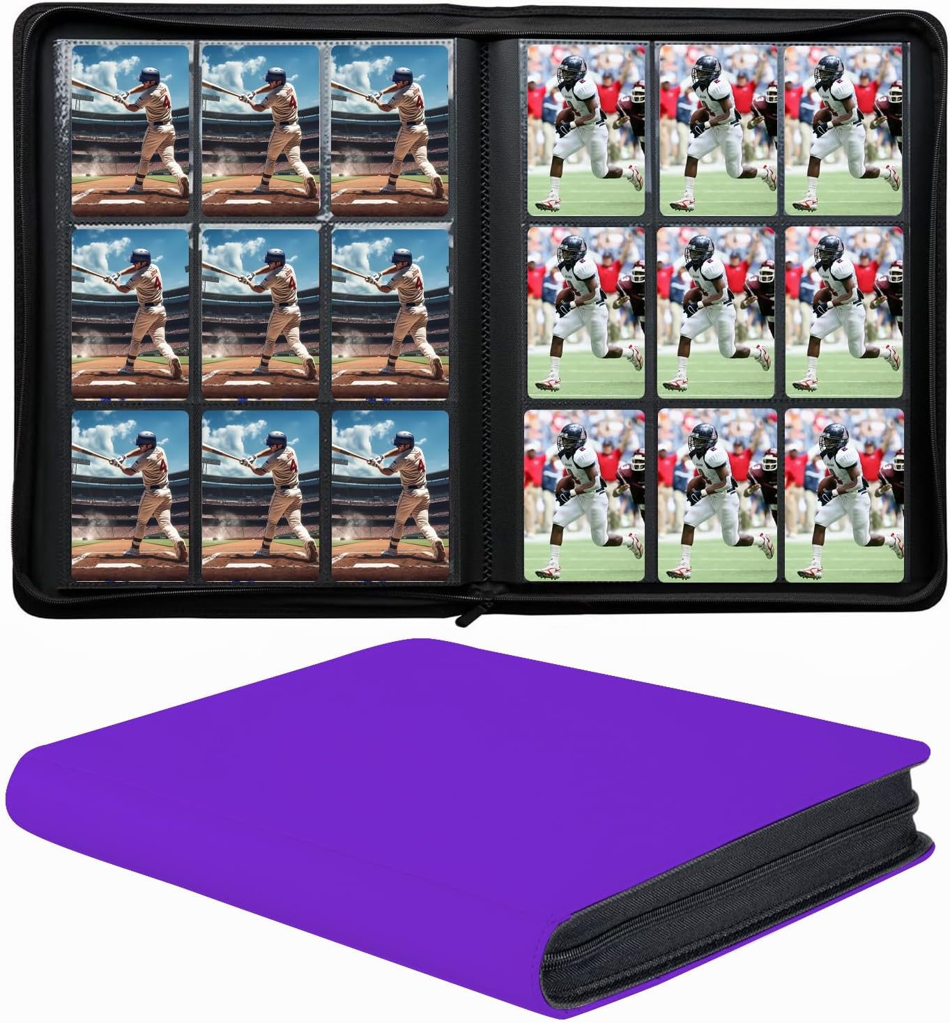 9-Pocket Zippered Trading Card Binder, 864 Pockets Double-Sided Side-Loading Card Organizer Album, PU Leather Card Holder Protector for MTG, TCG, Sports Cards (Purple)