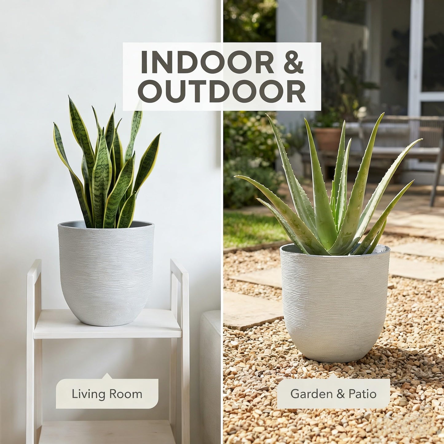10 inch Plant Pots Stone Finish Lightweight Flower Planter with Drainage Hole for Outdoor Garden Patio Indoor Greenery, Set of 2 (Light Grey)