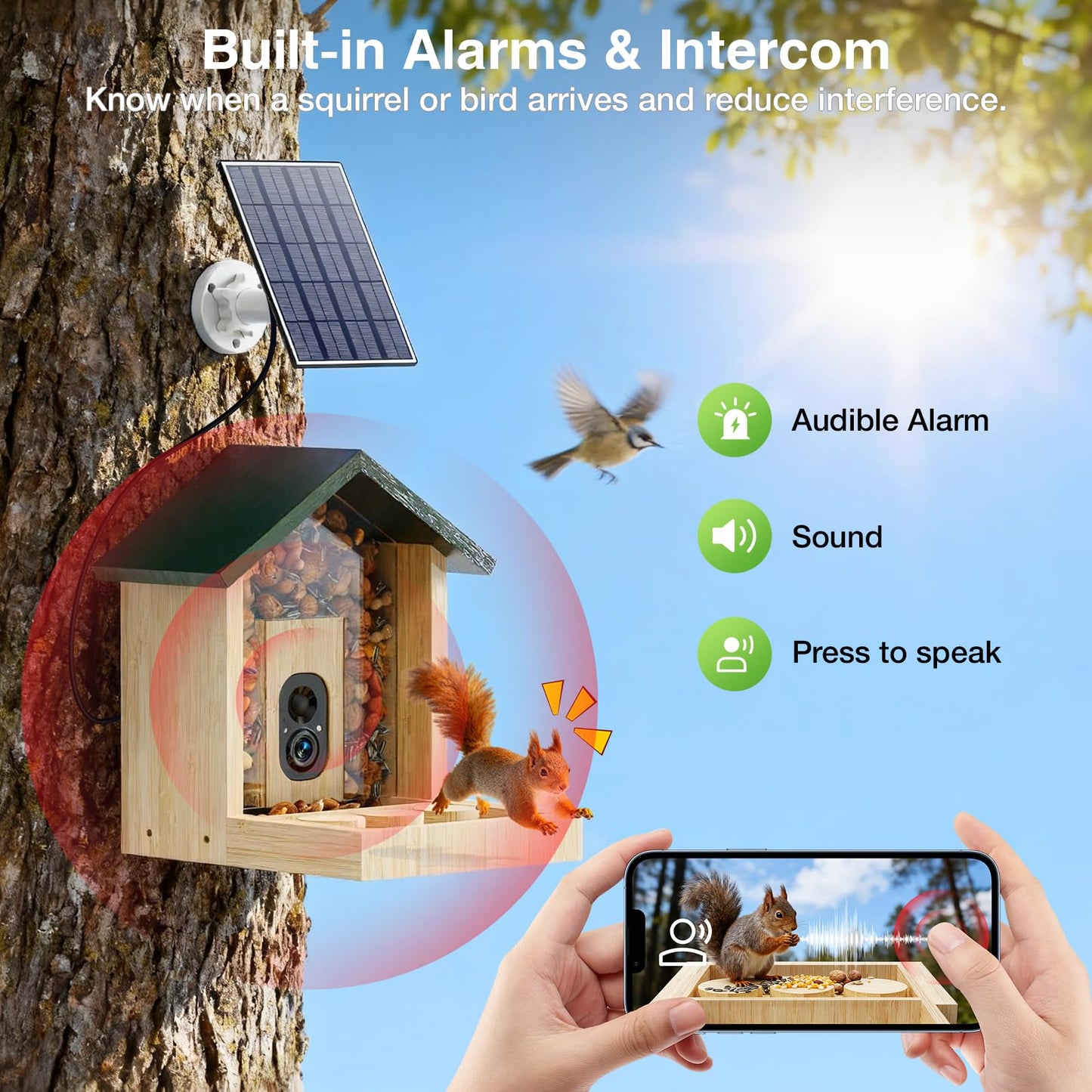 Wooden Squirrel Feeder with Camera, Smart Squirrel Feeder Solar-Powered, Squirrel Houses for Outside, 2K HD+ Video, Cloud Storage, Large Capacity, Ideal for Squirrel Lovers