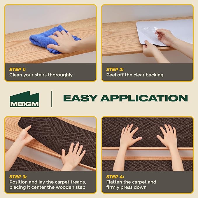 MBIGM 8 X 30inches, 15 in Pack, Non-Slip Carpet Stair Treads Non-Skid Safety Rug Slip Resistant Indoor Runner for Kids Elders and Pets with Reusable Adhesive, Brown Weave