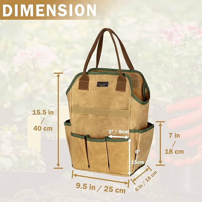 Canvas Tool Bag, 16OZ Waxed Canvas Garden Tool Tote - with 3 Inner Slots & 8 Outer Pockets & Portable Handle, Gardening Tool Storage Bag for Gardener Florist Workshop - Khaki