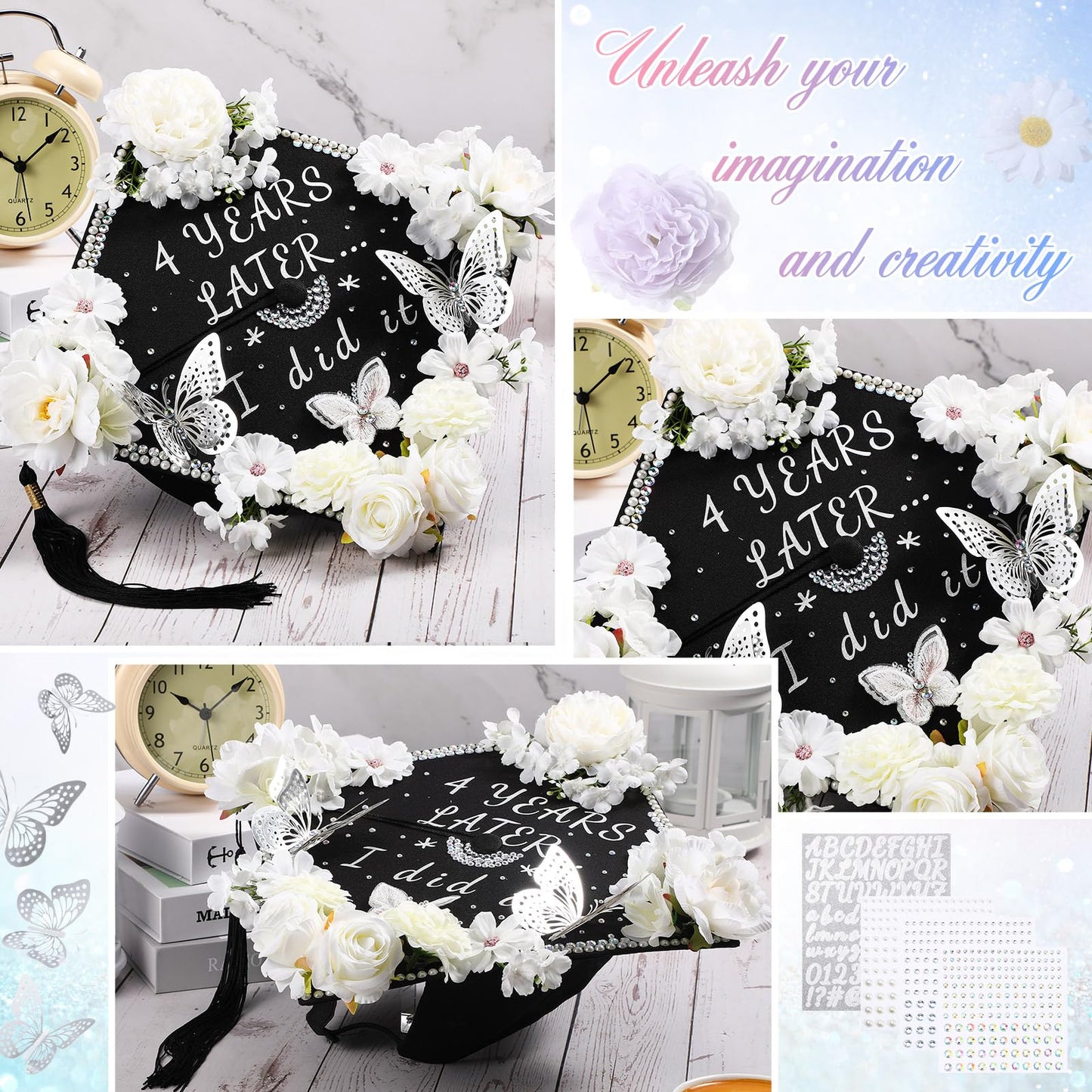 Hoteam DIY Graduation Cap Decorations Kit Included Faux Flowers 3D Butterfly Self Adhesive Rhinestones Glitter Alphabet Letter Stickers for 2026 Grad Cap Topper Party Gifts Decor(White)