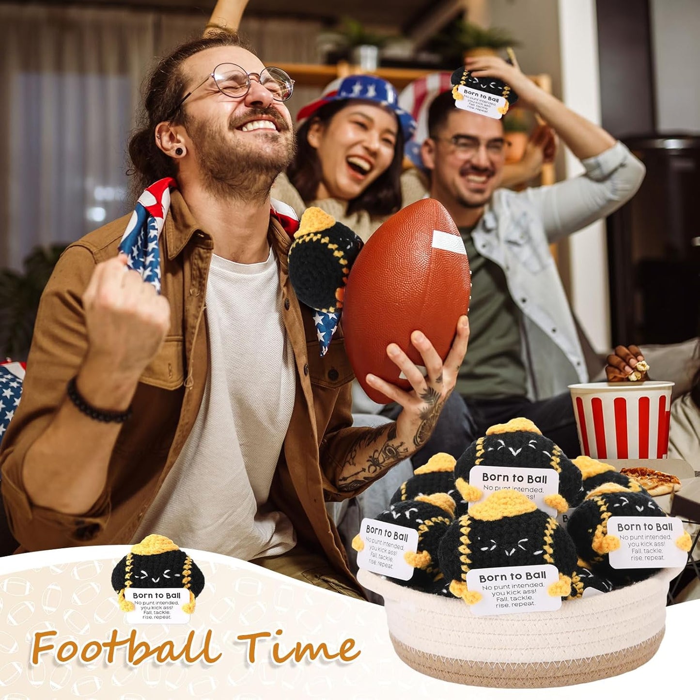 12pcs Funny Football Gifts for Team Bulk Soccer Balls with Motivational Cards Positive Handmade Mini Crochet Team Gift for Coach Women Men Coworker Birthday Christmas Party Favors