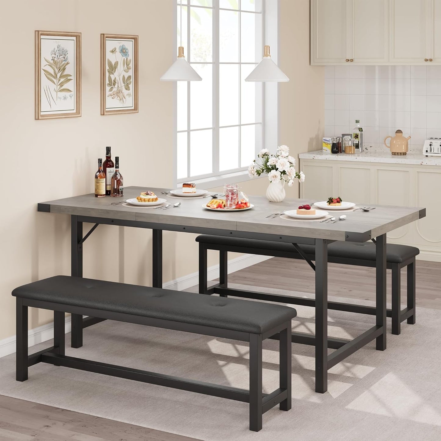 3-Piece Dining Table Set for 4-6 People, Extendable Kitchen Table Set with 2 Upholstered Benches, Dining Room Table Set for Apartment, Kitchen, Living Room, Gray