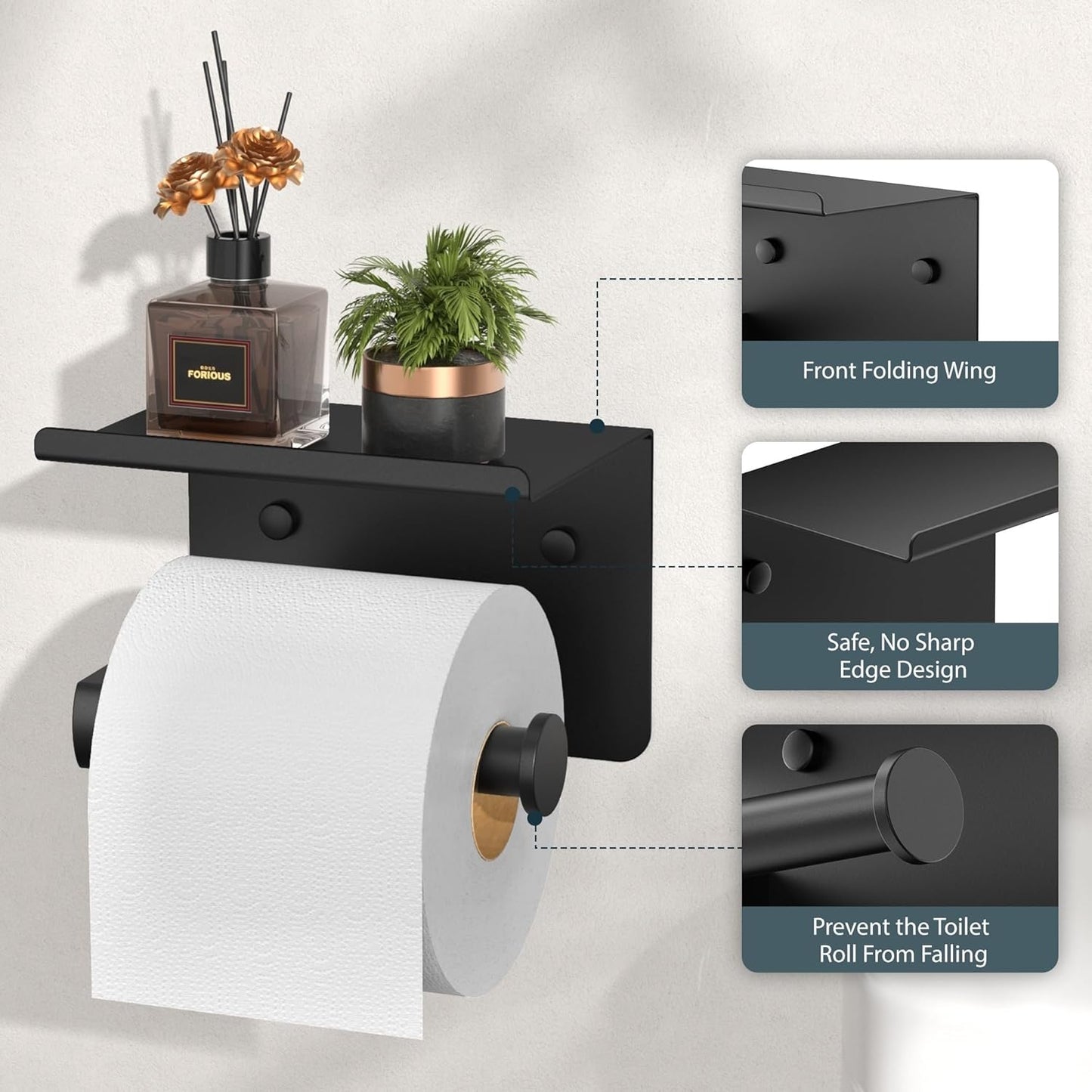 FORIOUS Toilet Paper Holder with Shelf, Adhesive or Screw Wall Mount Toilet Paper Roll Holder for Bathroom, Rustproof 304 Stainless Steel Commercial Toilet Tissue Holder with Phone Shelf, Matte Black