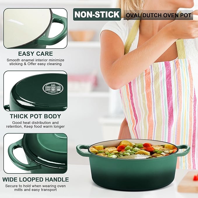 E-far 5QT Oval Dutch Oven Pot with Lid, Enameled Cast Iron Dutch Oven with Dual Handles, Heavy-Duty Cookware for Sourdough Bread Baking, Braising, Stews, Oven Safe & Easy Clean, Dark Green