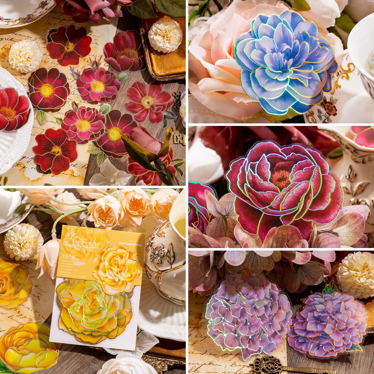 80 Pcs Big Size Flower Stickers with Gold Metallic Outlines, 8 Packs Holographic Iridescent Foiled Floral Sticker Decals for Scrapbooking Bullet Junk Journals Card Making Laptop Cup Adult