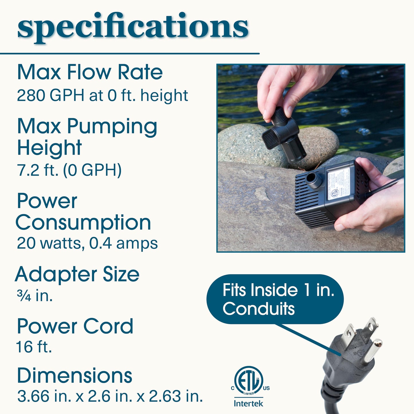 smartpond 280 GPH Pond Pump, Submersible Pump, Energy Efficient, Ideal for Ponds and Water Features up to 200 Gallons, Adjustable Flow Control