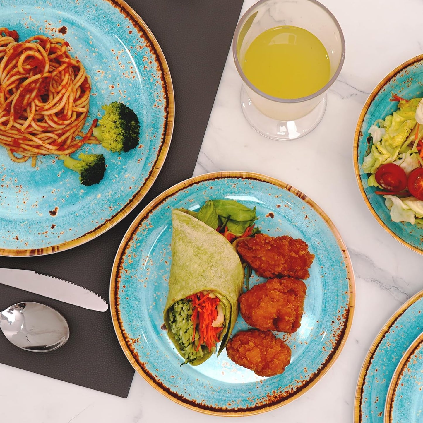 TP 12-Piece Dinnerware Set, Melamine Dishes Set with Bowls and Plates, Non-breakable and Lightweight Dinner Service for 4, Turquoise Swirl