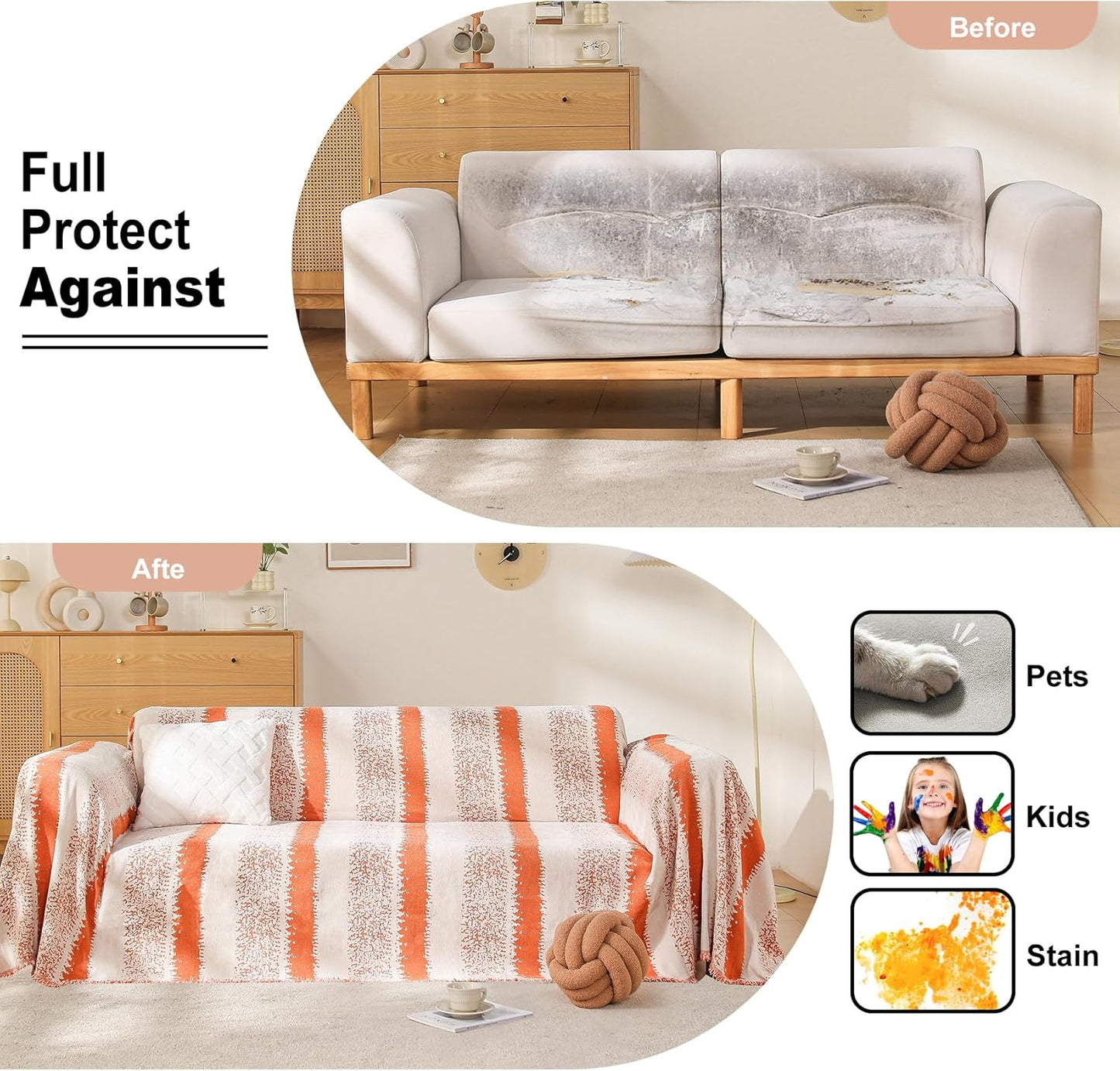 Boho Sofa Cover, Couch Covers for 3 Cushion Couch Sofa Pet Friendly, Sofa Cover Washable, Soft Chenille Living Room Couch Covers Slipcover, Pet Furniture Protecto (1# Orange, 71" x 150")