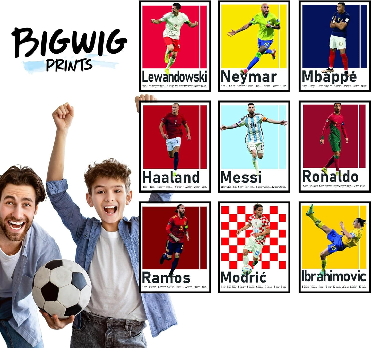 BigWig Prints Soccer Posters - Soccer Decor for Boys Room, Ronaldo & Messi Poster, Mbappe, Neymar, Zlatan Ibrahimovic, Ramos, Modric, World Cup Wall Art, Fifa Art - Unframed Set Of 9 (8x10”)