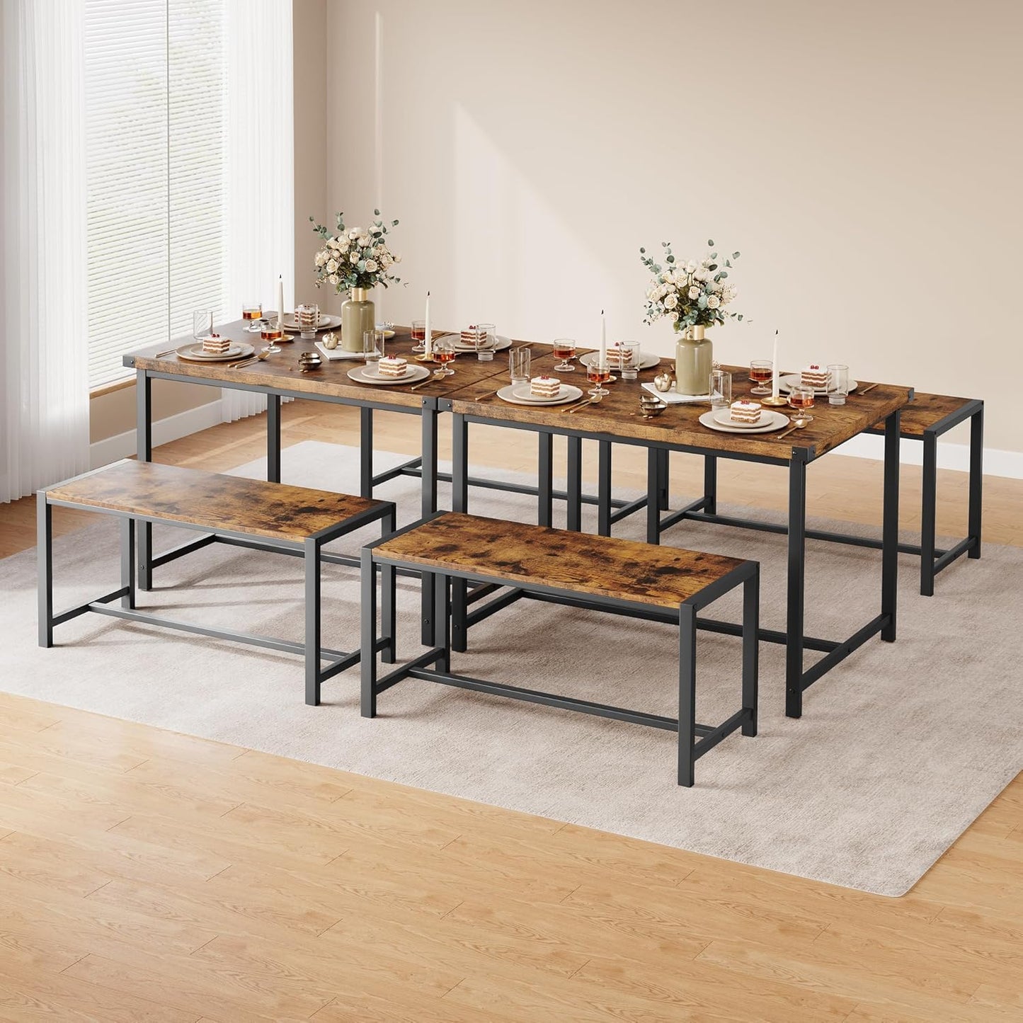 Dining Table Set for 4 with 2 Benches, 3-Piece Kitchen Table Set, Space-Saving Dining Set for Kitchen, Dining Room, Brown