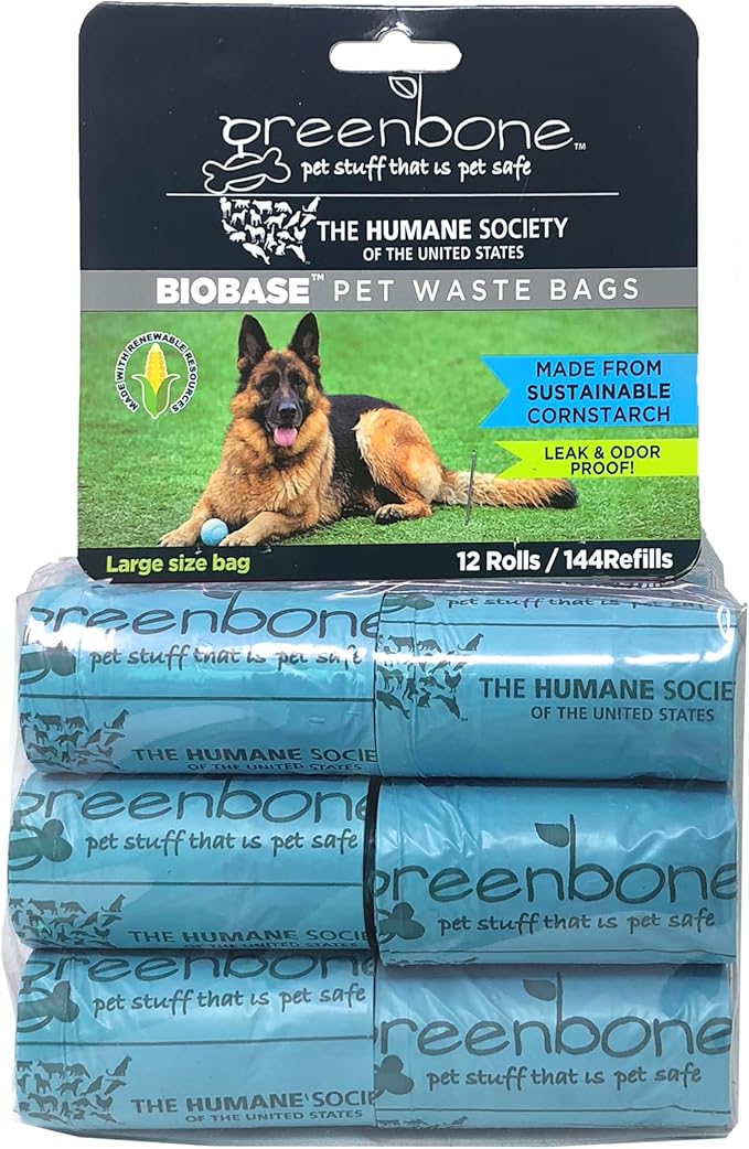 The Humane Society by Greenbone Biobase Pet Poop Bags - 12 Rolls - 144 Refills - Leak Proof 13 inch x 9 inch