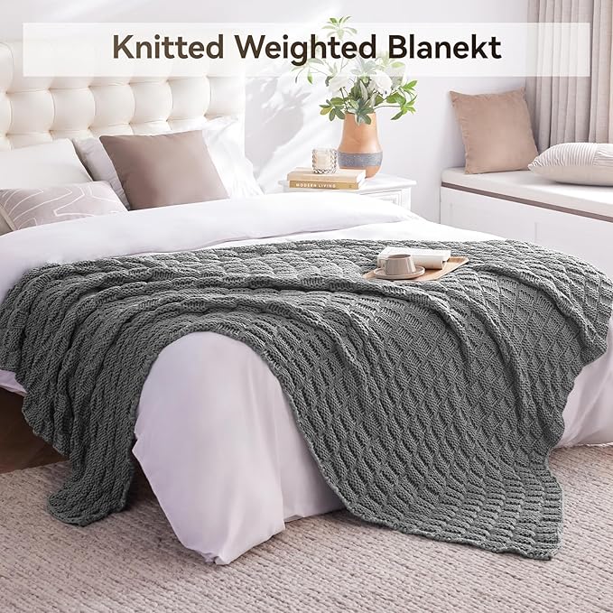 Knitted Weighted Blanket for Adult, No Beads Heavy Blanket 60” x 80'' 20lbs, Breathable Chunky Knit Blanket, Cooling Weighted Blanket for Hot Sleepers, Christmas Home Decor (Light Grey)