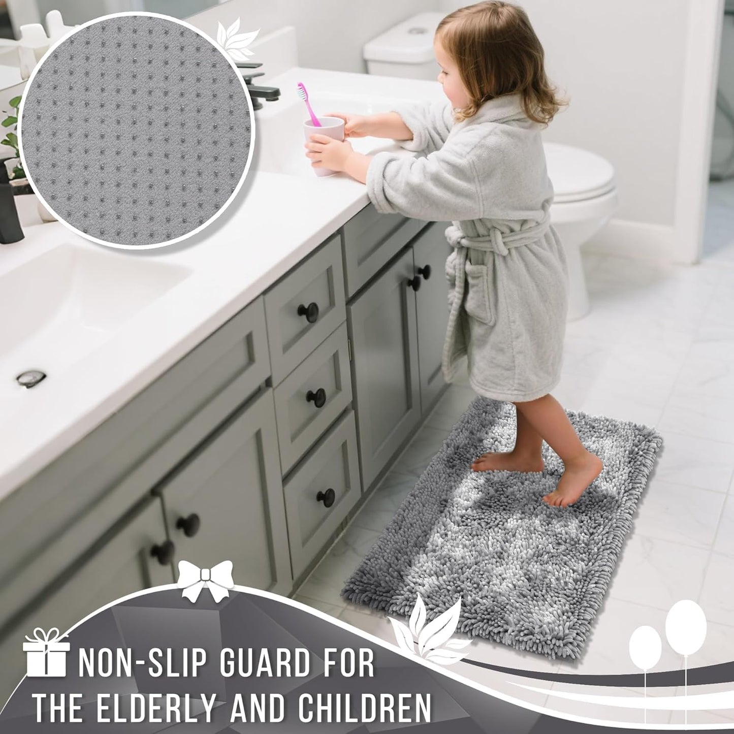 Yimobra Long Bathroom Rugs Runner 60x24 Inch, Extra Thick Soft Absorbent Chenille Bath Mat, Non Slip Machine Washable, Quick Dry Bath Rugs for Bathroom Floor, Tub and Shower, Light Grey