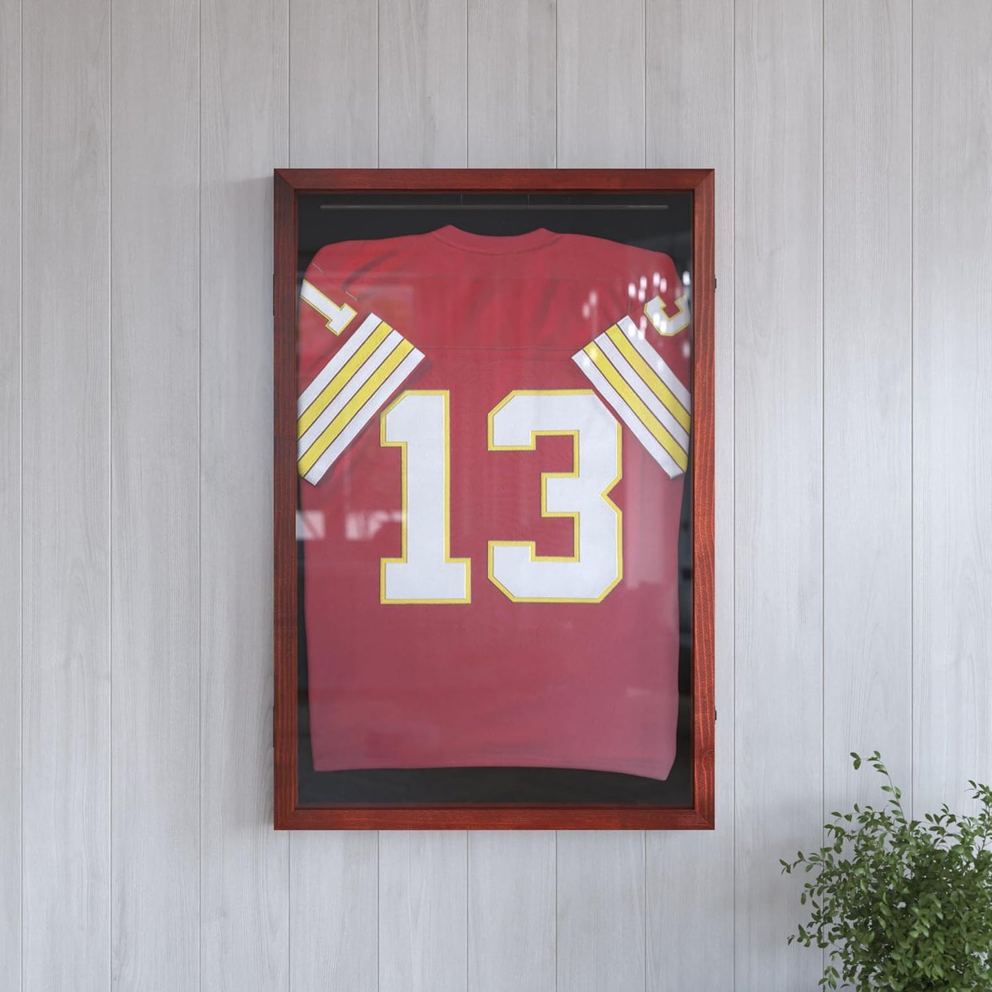 HBCY Creations Mahogany Jersey Frame Display Case - 24x36 Premium Shadow Box with Anti-Theft Lock, Acrylic Window, Solid Wood Frame, Fits, Includes Hanger and Hanging Hardware