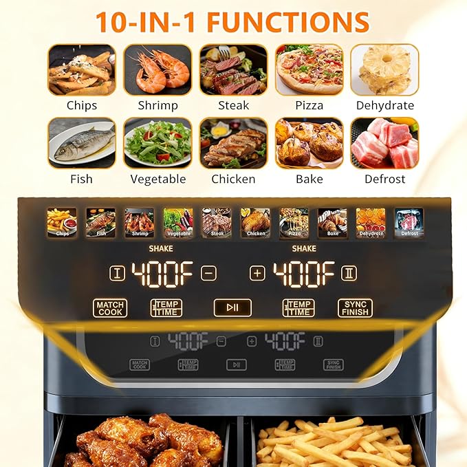 Simple Deluxe 9.5-Qt Dual Basket Air Fryer, 10-in-1 Digital Preset Airfryer, Sync Cook, Independent Temp Control, Shake Reminder, Nonstick Basket, Grey
