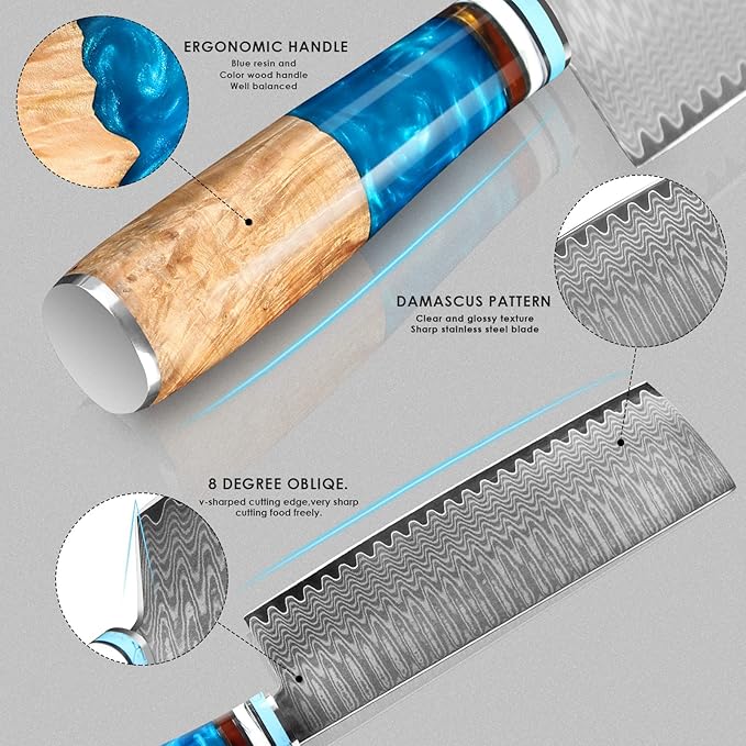 Kuwata Nakiri Chef Knife, Japanese VG10 Damascus Steel Professional Kitchen Chefs Cooking Knife, Nakiri Knife G10 Ergonomic Blue Handle with Gift Box
