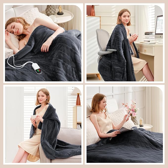 Premium Heated Blanket Twin 62"×84" - Ultra Cosy Soft Electric Blanket with 8 Heating Levels,Plush Fast Heating Faux Rabbit Fur Blanket for Bed & Couch - Auto Shut Off,Machine Washable (Grey)