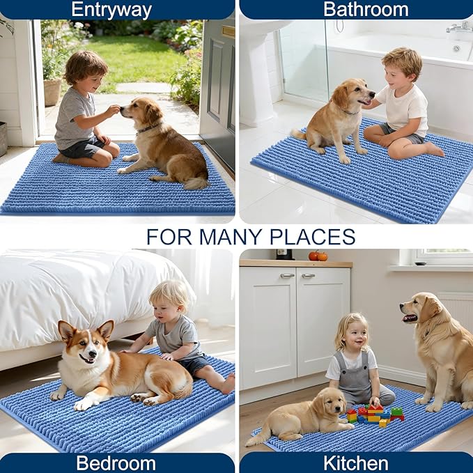 OLANLY Dog Door Mat for Muddy Paws 59x35, Ultra Absorbent Chenille Mud Doormat, Non-Slip Washable and Dirt Trapping Doormat for Indoor Entryway, Quick-Dry Indoor Pet Bed Mats for Dogs, Cornflower Blue