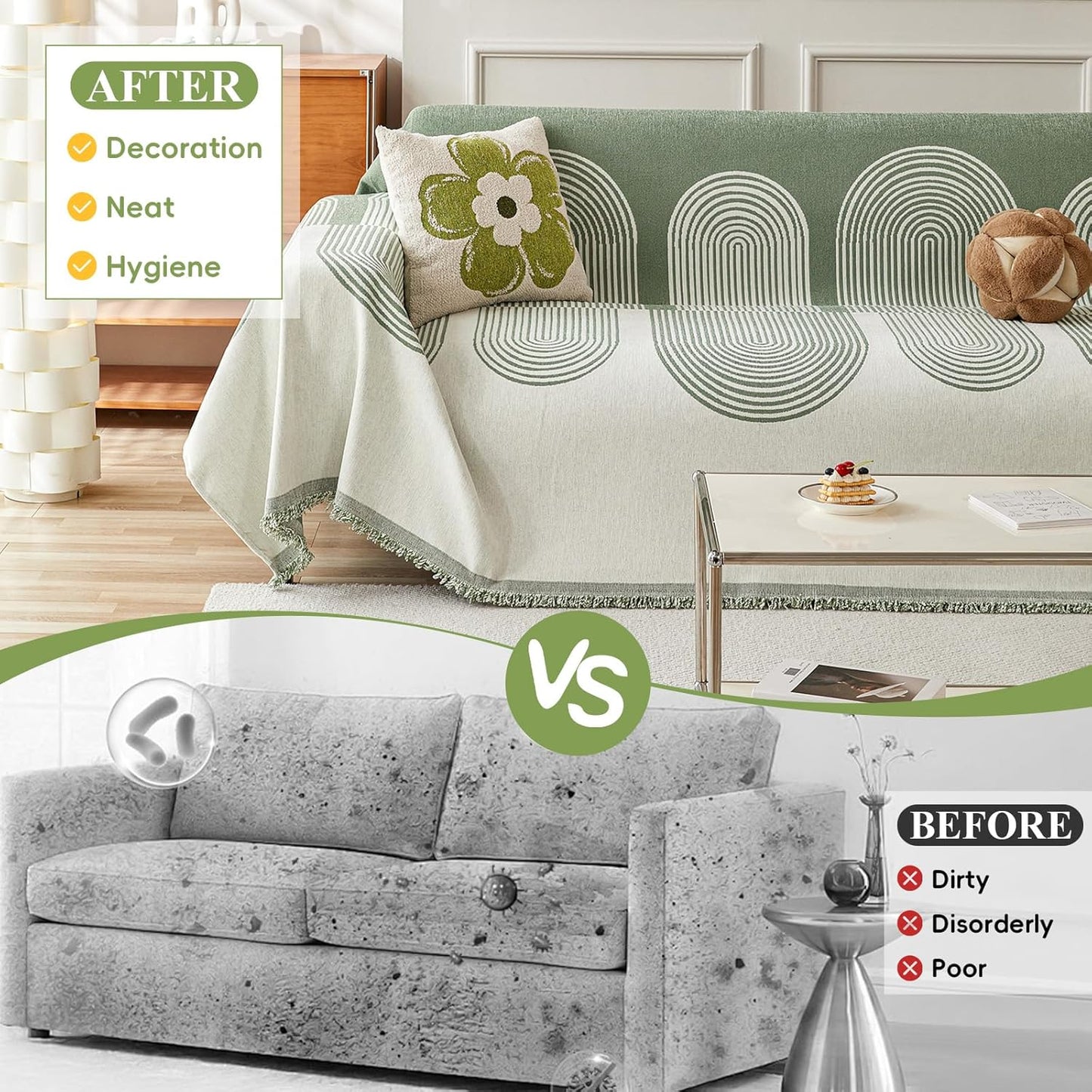 STACYPIK Green Geometric Couch Cover Boho Sofa Cover for Sectional Non-Silp Sofa Covers for Dogs Reversible Beige Couch Cover Loveseat Cover L Shaped Furniture Protector for 3 Cushion Couch-71X134IN