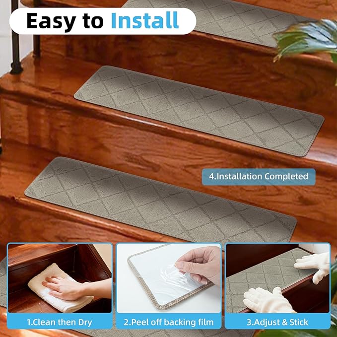 Art3d Stair Treads for Wooden Steps 15Pcs, 8" X 30" X 0.4" Non Slip Stair Runner Rugs with Reusable Adhesive for Elders Kids and Dogs, Machine Washable Peel and Stick Stair Treads Carpet, Beige