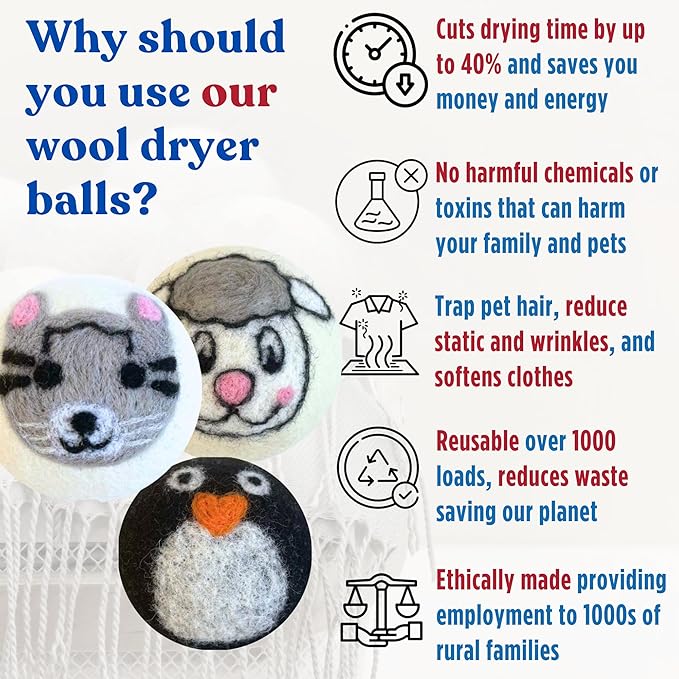 Wool Dryer Balls Organic Premium | 6 Balls XL, Ethically & Humanely Made, Natural Fabric Softener, Laundry Dryer Balls Reusable, Wrinkle Release, Organic Fabric Softener Ball, Say No! to Dryer Sheets