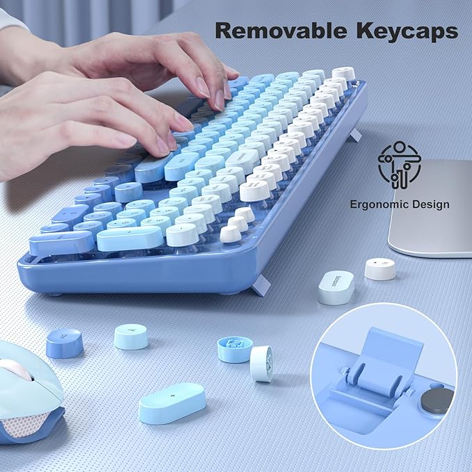 Wireless Keyboard Mouse Combo, Typewriter Full Size Keyboard with Number Pad and 2 in 1 USB Connected Mouse for Windows 7/8/10, Laptop, Desktop, PC, Computer (Blue)