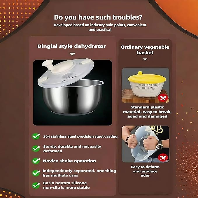 6L Stainless Steel Salad Spinner, Vegetable Spinner, Lettuce Spinner, Fruit Washer, Quick Spin Commercial Salad Spinner for Household Vegetables and Pasta Fries Spinner Essential Kitchen Utensils