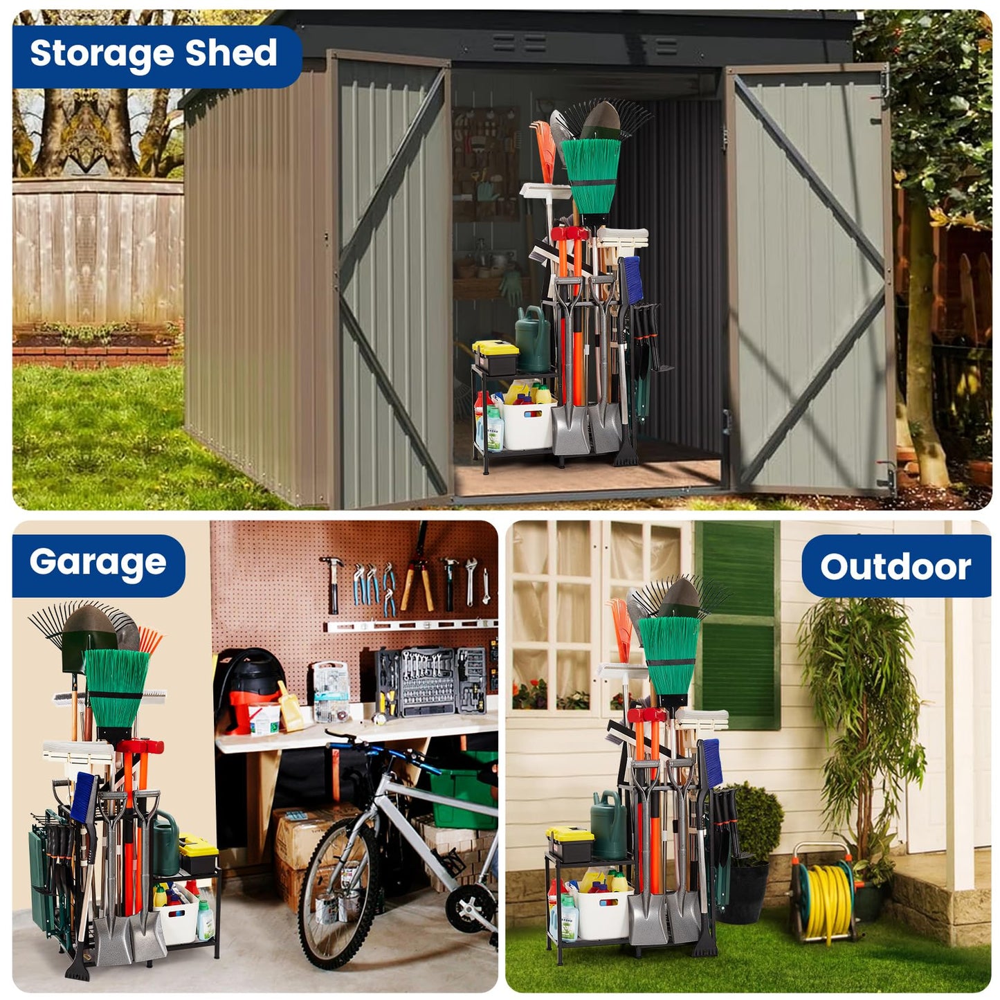 Garden Tool Organizer with 2-Tier Steel Shelves, Holds 50 Long-Handled Tools/Rakes/Brooms/Shovles for Garage Organization and Storage, Shed, Outdoor, Lawn, Heavy-Duty Steel, Black, Easy Assembly