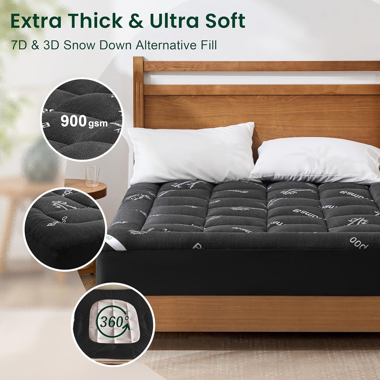 Love's cabin Twin Mattress Topper, Rayon Derived from Bamboo, 900 GSM Breathable Mattress Topper Pad, Thick Pillow Top Mattress Pad Stretches up with 8"-20" Deep Pocket(39"x75"), Black
