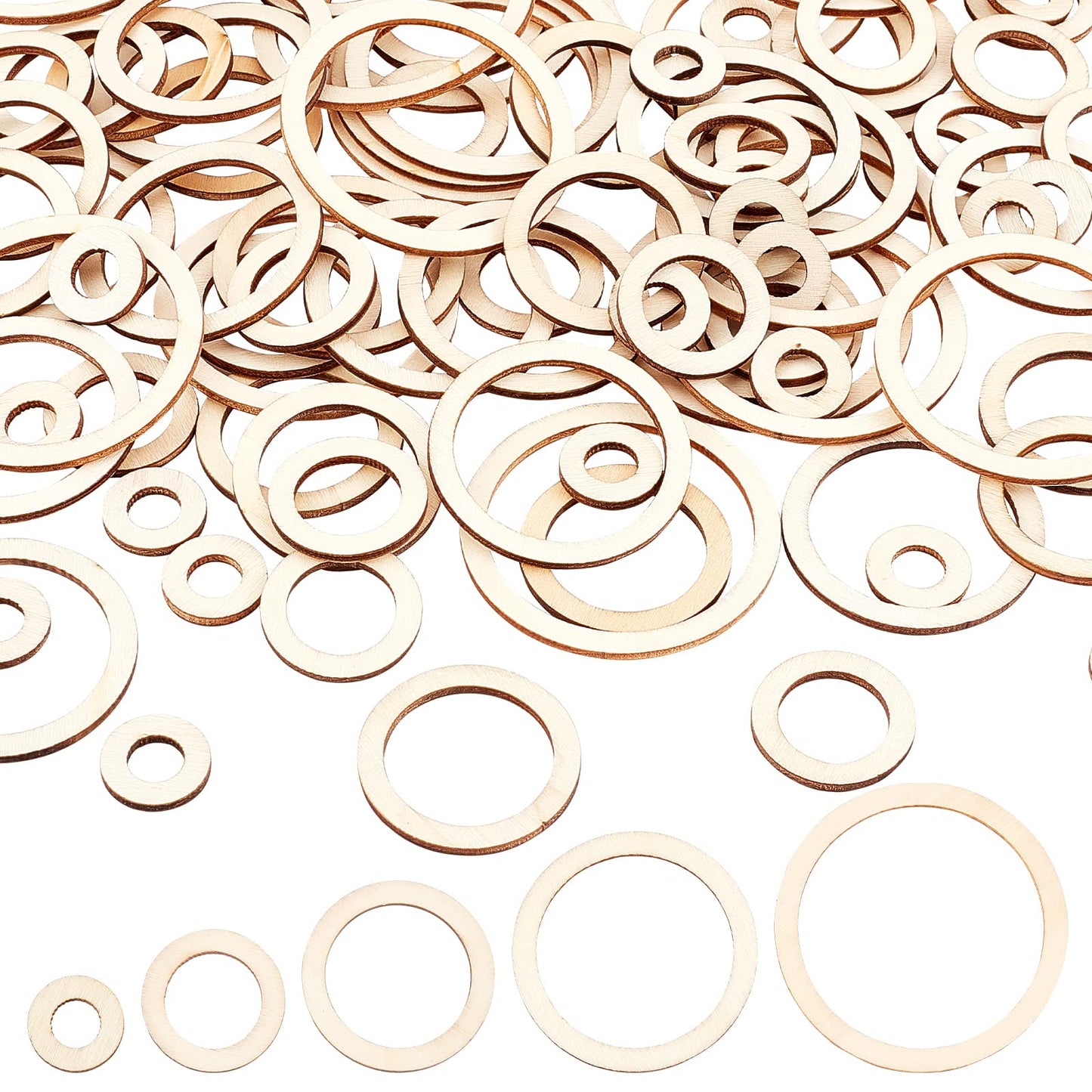 AHANDMAKER 100 Pcs Natural Wood Rings, 5 Size Unfinished Wooden Circles Ornaments Blank Wooden Slices Linking Ring Pendants for DIY Earring Making Home Decor,10/20/30/40/50mm
