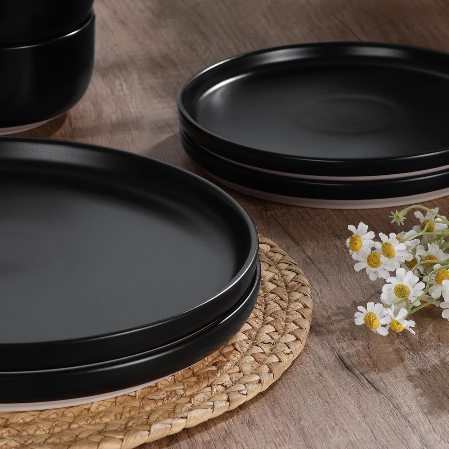 HaWare Stoneware Dinnerware Sets, 18-Piece Plates and Bowls Set for 6, Dishes Set for Home Restaurant, Frosting Black
