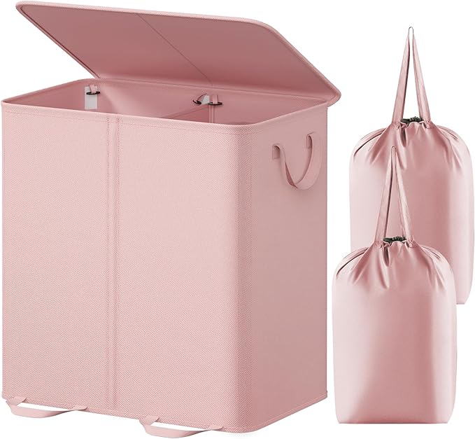 Lifewit Double Laundry Hamper with Lid and Removable Laundry Bags, Large Collapsible 2 Dividers Dirty Clothes Basket with Handles for Bedroom, Laundry Room, Closet, Bathroom, College, 136L Pink