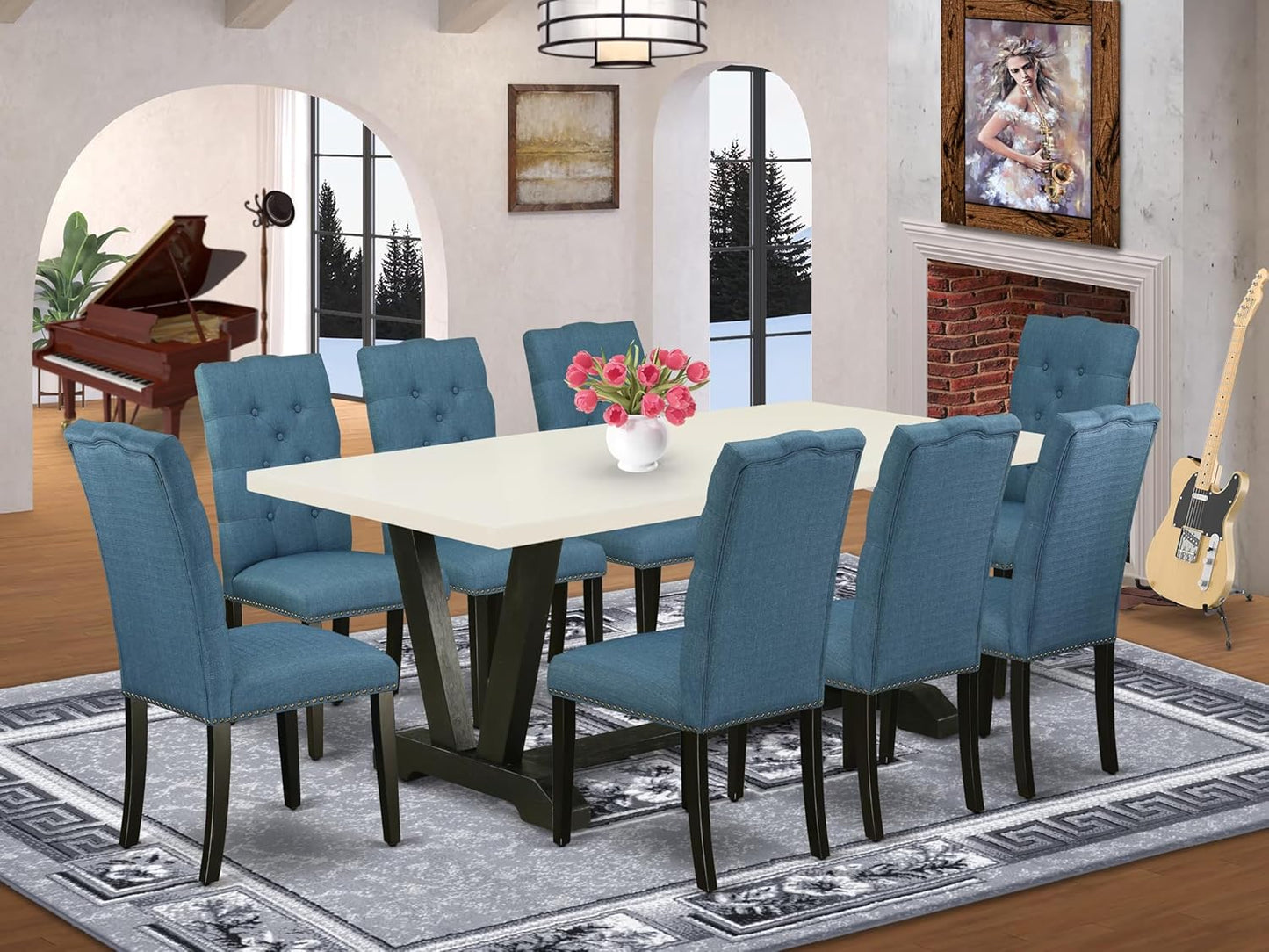 East West Furniture V627EL121-9 9 Piece Dining Table Set Includes a Rectangle Dining Room Table with V-Legs and 8 Blue Linen Fabric Upholstered Parson Chairs, 40x72 Inch, Multi-Color