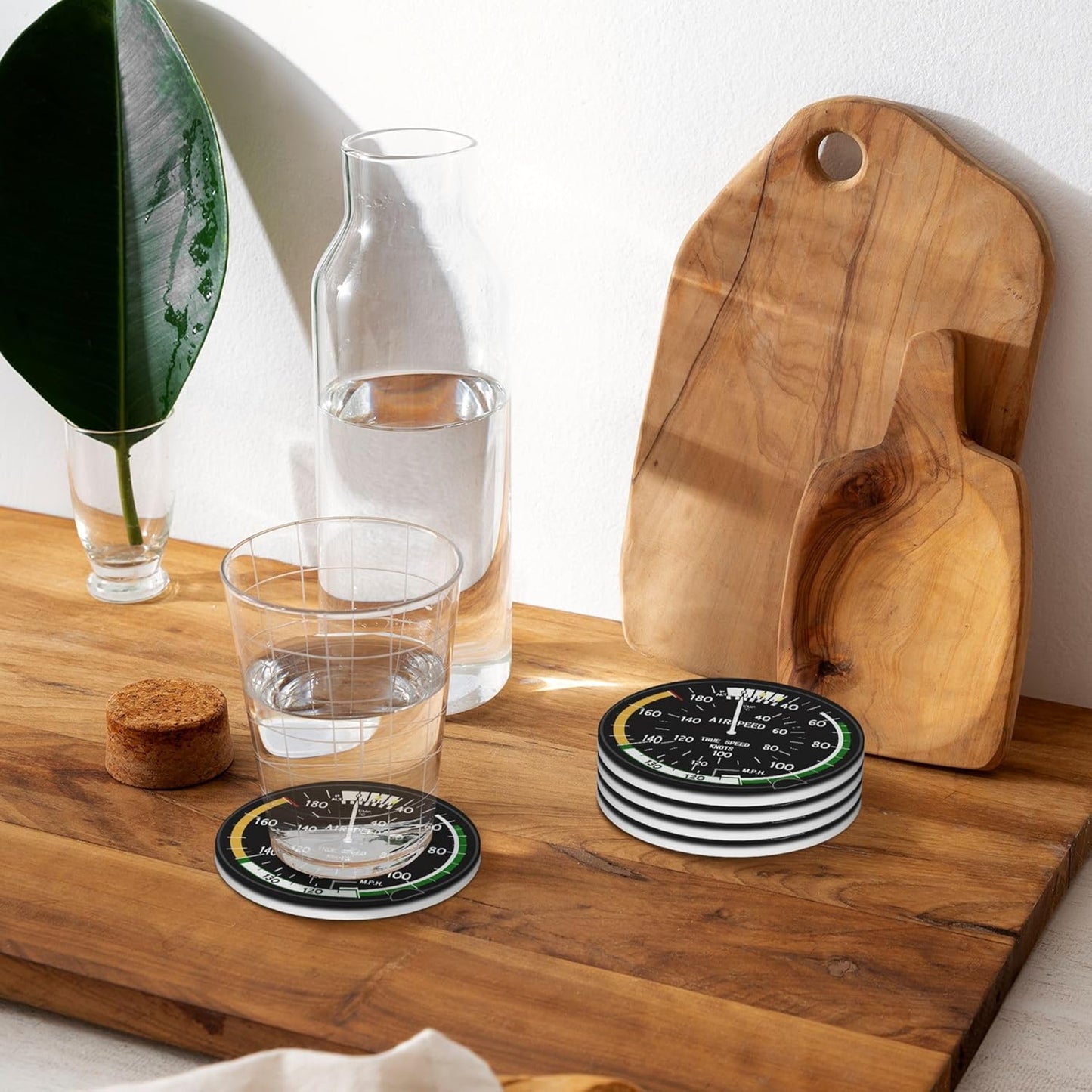 Airplane Aircraft Speedometer Pilot Flight Coasters for Drinks Set of 4, Absorbent Ceramic Drink Coasters for Coffee Table Wooden Table Cup Bar, 4 Inches