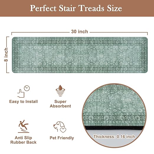 Vintage Stair Treads Non Slip Stair Runners for Wooden Steps Indoor, 15PCS 8"x30" Rubber Backing Carpet Treads for Wood Stairs Staircase Step Treads for Kids & Dogs, Stair Covers, Green