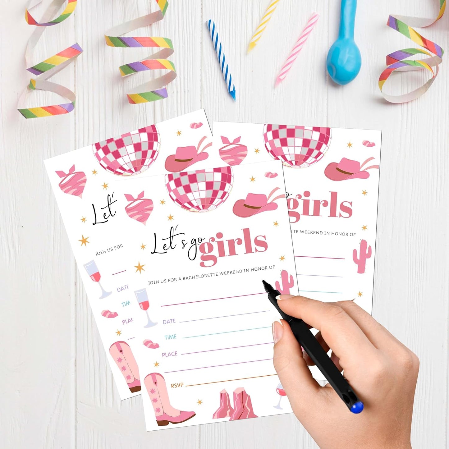 Cowgirl Birthday Invitations, 20 Invitation Cards with Envelopes, Pink Disco Invites for Party Decorations Favor Supplies - A11