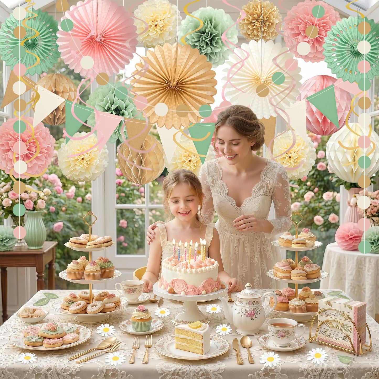 Ycitusi 33Pcs Boho Party Decorations | Sage Green & Peach Pink Photo Backdrop Set | Paper Fans, Tissue Pom Poms, Honeycomb Balls Garlands for Woodland Birthday, Neutral Baby Shower, Rustic Wedding