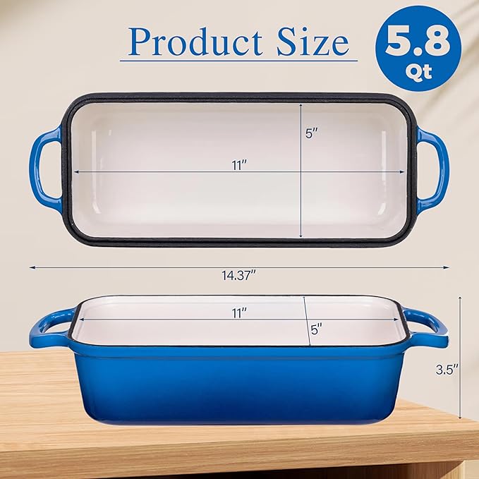 11x5 Inch Cast Iron Loaf Pan with Lid, Large Loaf Pans for Sourdough Bread Baking, Even Heat Distribution Dutch Oven Bread Loaf Pan for Homemade Bread, Meatloaf (5.8Qt, Marseille)