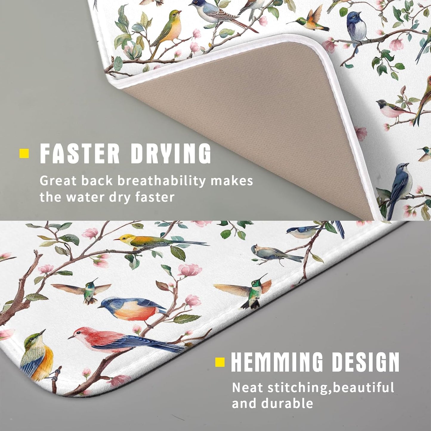 Floral Bird Dish Drying Mat for Kitchen Counter 16x18 Inch Spring Summer Bird Branch Flower Absorbent Reversible Microfiber Dish Pad Dish Drainer Rack Mats Countertops Protector Mat