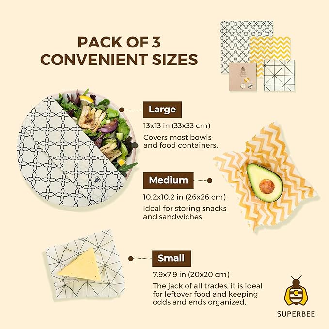 SUPERBEE Beeswax Wrap for Food, Set of 3 Bees Wax Wraps, Reusable Bees Wrap Paper for Wrapping Vegetables & Cheese, Bowl Covers and Sandwich Wrapping Paper, Beeswax Food Wraps - Classic