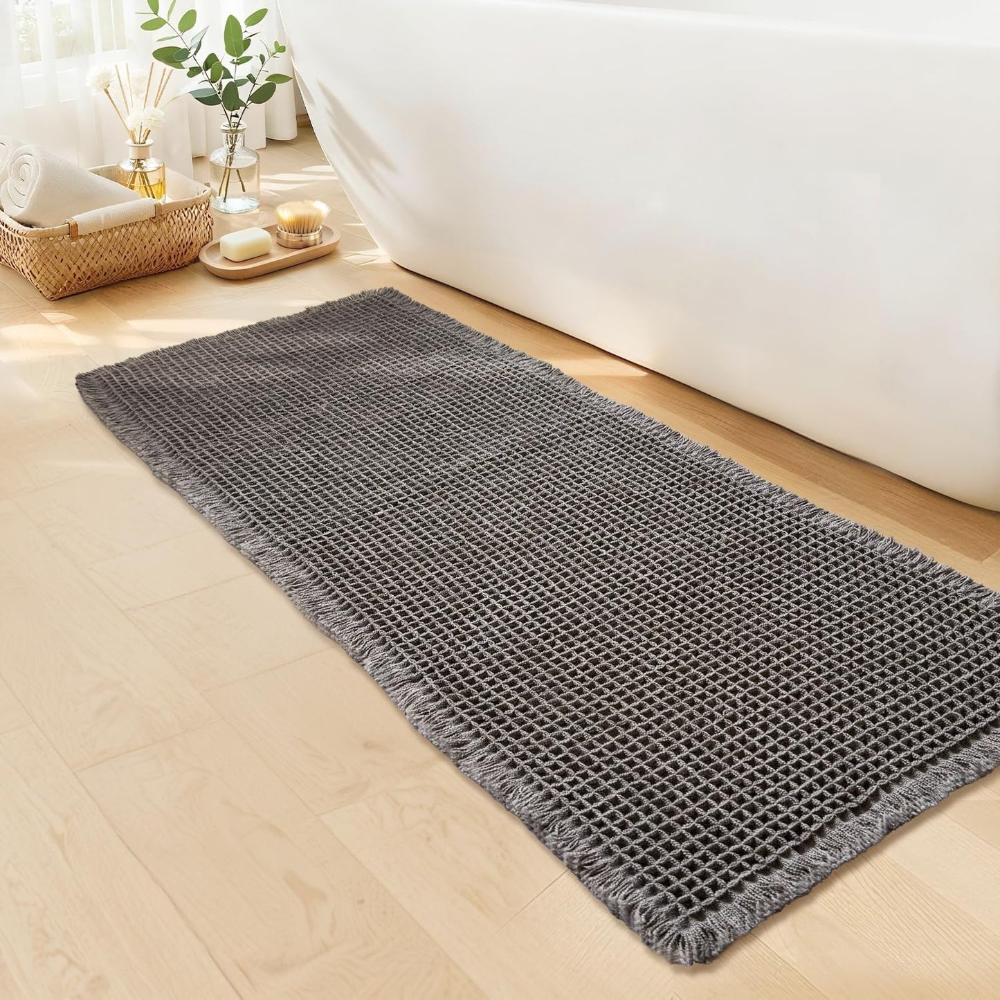 Waffle Bath Mat - Boho Bathroom Rugs Non Slip Washable, Super Absorbent & Quick Dry, Soft Bath Mat Farmhouse Bathroom Decor, 20'' x 48'', Dark Grey