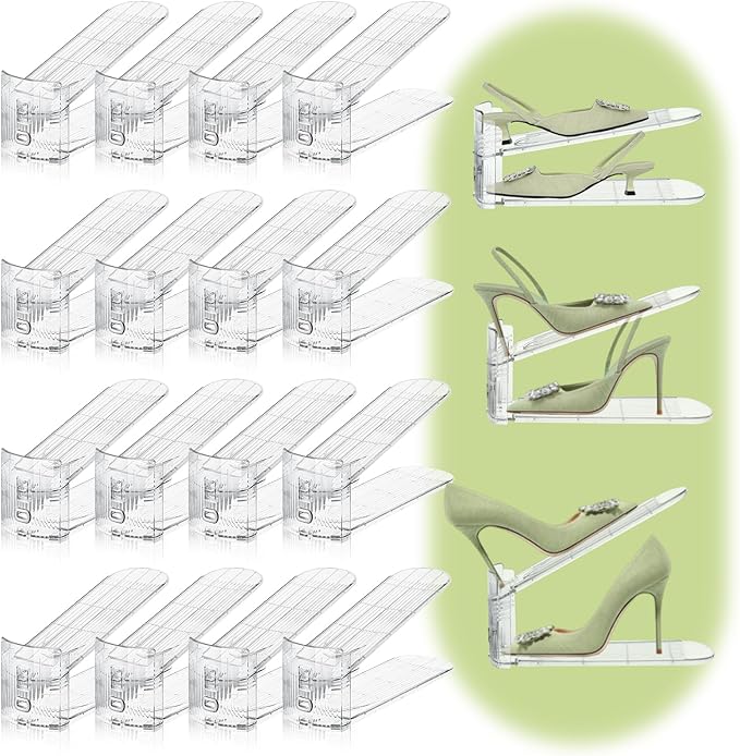 Shoe Slots Organizer,16 Pack Transparent Shoe Stacker Adjustable Shoe Slot Organizer Space Saver Shoe Rack Holder Shoes Storage Organizers for Closet,Transparent